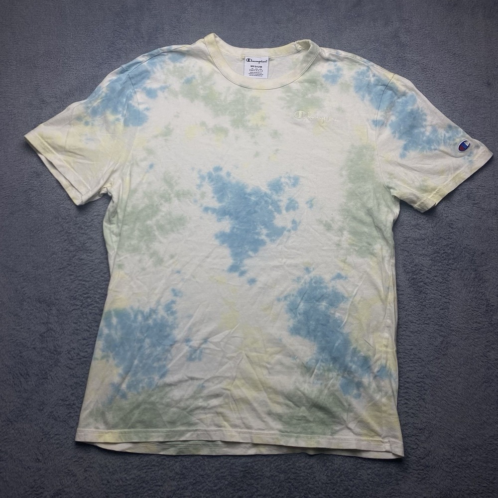 Champion Tshirt Mens Medium Tie Dye Blue Green White Yellow Short Sleeve